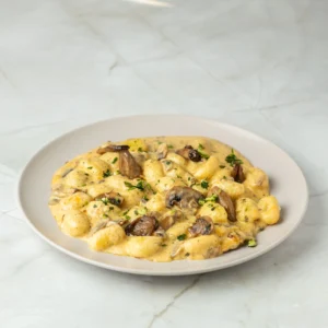 Ñoquis con salsa de setas y queso vegano